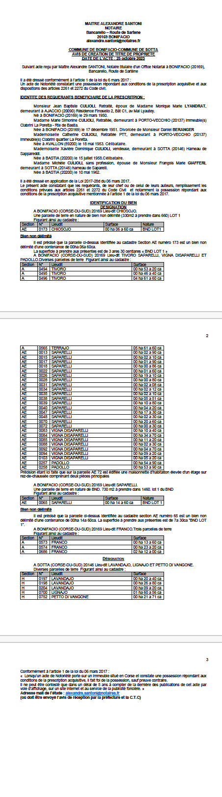Avis de création de titre de propriété - Communes de Bonifaziu- Sotta (Pumonti)