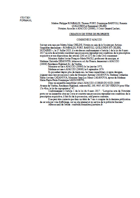 Avis de création de titre de propriété - Commune d'Aiacciu (Pumonti) Avis de création de titre de propriété - Commune d'Aiacciu (Pumonti)