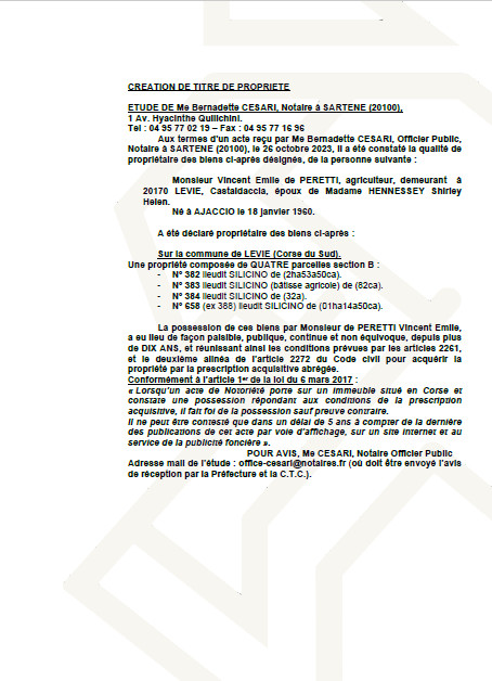 Avis de création de titre de propriété - Commune de Livia (Pumonti) Avis de création de titre de propriété - Commune de Livia (Pumonti)
