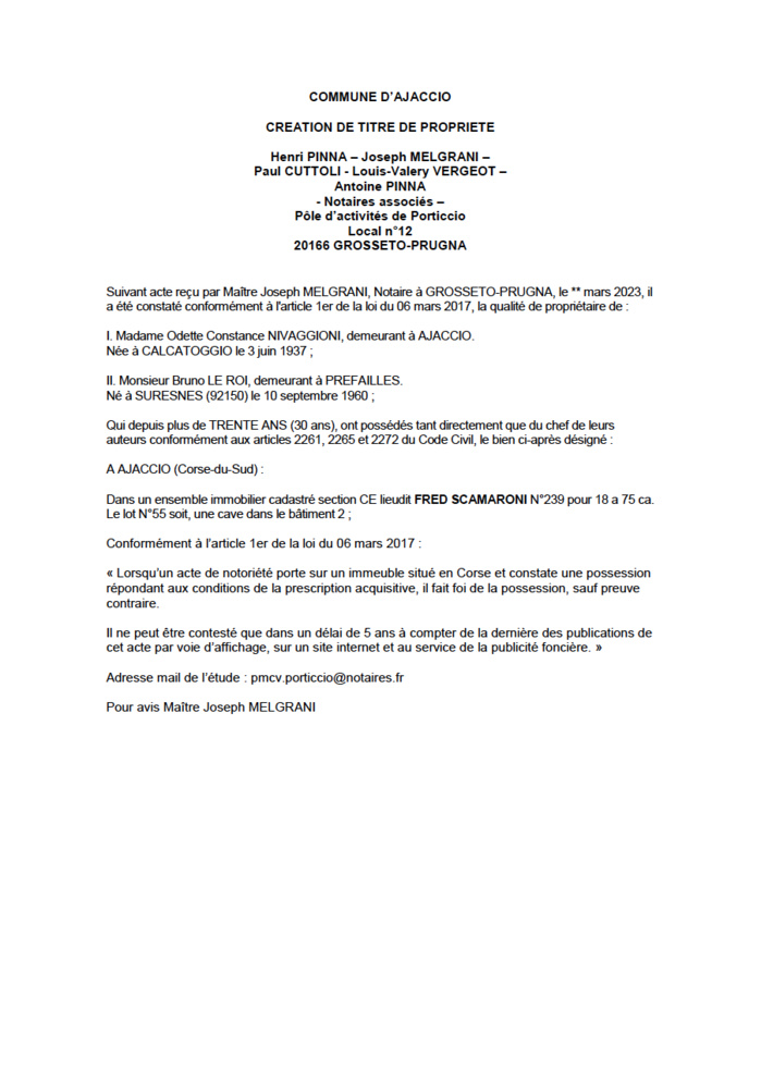 Avis de création de titre de propriété - Commune d'Aiacciu (Pumonti)