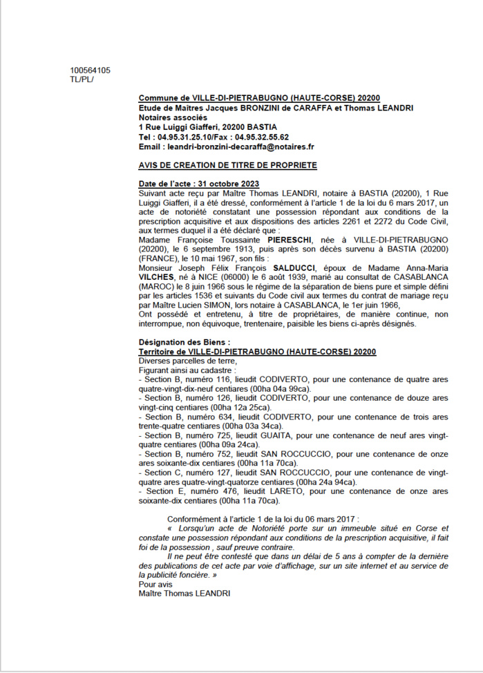 Avis de création de titre de propriété - Commune de E Ville di Pietrabugnu (Cismonte)