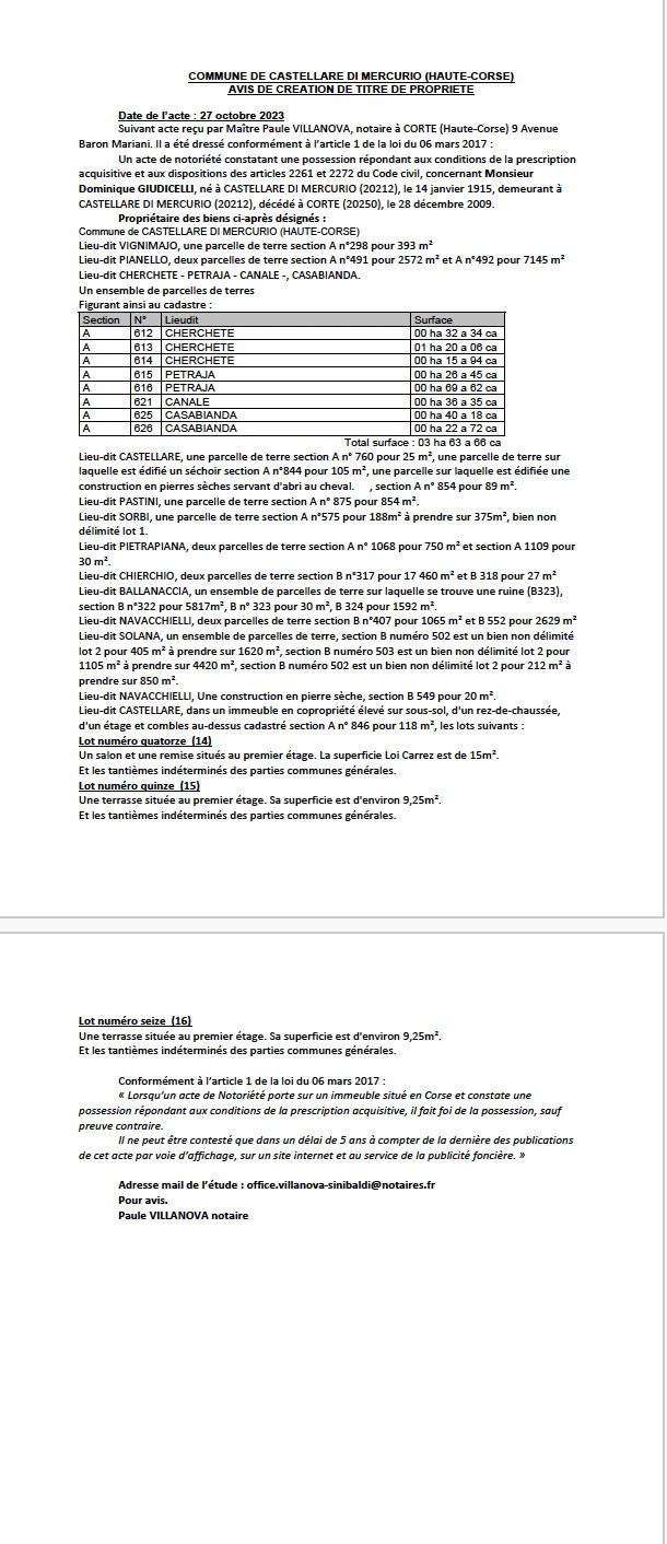 Avis de création de titre de propriété - Commune de U Castellà di Mercoriu (Cismonte) Avis de création de titre de propriété - Commune de U Castellà di Mercoriu (Cismonte)