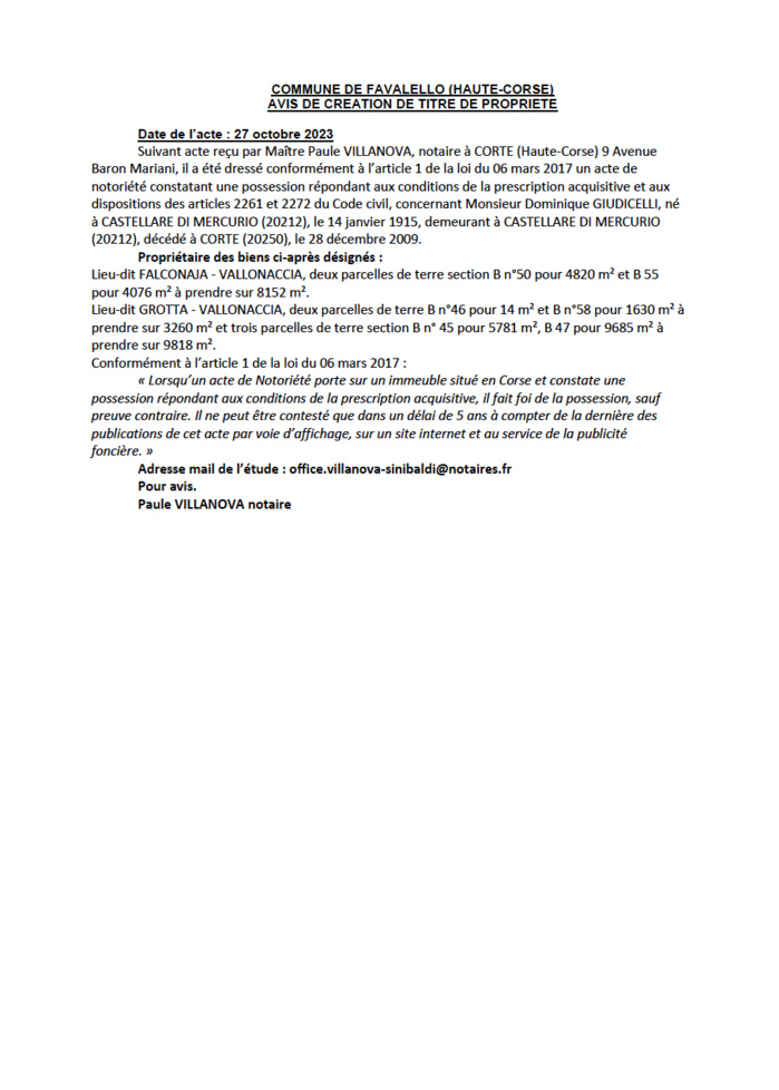 Avis de création de titre de propriété - Commune de U Favalellu (Cismonte) Avis de création de titre de propriété - Commune de U Favalellu (Cismonte)