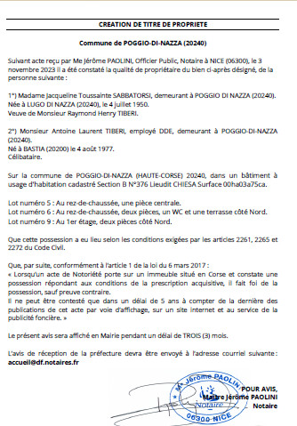 Avis de création de titre de propriété - Commune de U Lugu di Nazza (Cismonte) Avis de création de titre de propriété - Commune de U Lugu di Nazza (Cismonte)