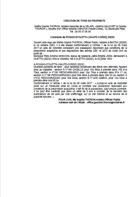 Avis de création de titre de propriété - Commune de U Poghju d'Oletta (Cismonte) Avis de création de titre de propriété - Commune de U Poghju d'Oletta (Cismonte)