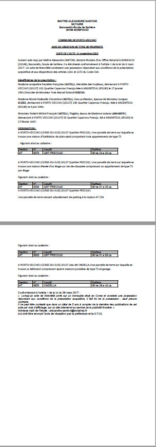 Avis de création de titre de propriété - Commune de Portivechju (Pumonti) Avis de création de titre de propriété - Commune de Portivechju (Pumonti)