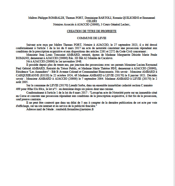 Avis de création de titre de propriété - Commune de Livia (Pumonti) Avis de création de titre de propriété - Commune de Livia (Pumonti)