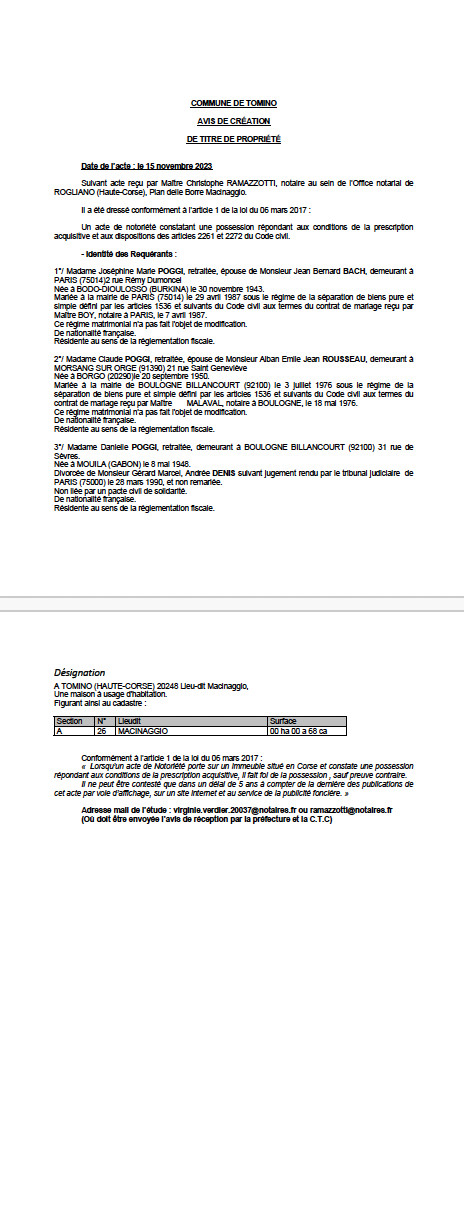 Avis de création de titre de propriété - Commune de Tuminu (Cismonte) Avis de création de titre de propriété - Commune de Tuminu (Cismonte)