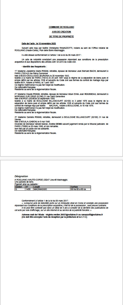 Avis de création de titre de propriété - Commune de Ruglianu (Cismonte) Avis de création de titre de propriété - Commune de Ruglianu (Cismonte)
