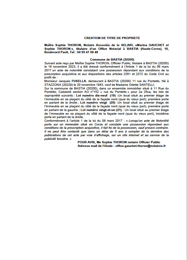 Avis de création de titre de propriété - Commune de  Bastia (Cismonte) Avis de création de titre de propriété - Commune de  Bastia (Cismonte)