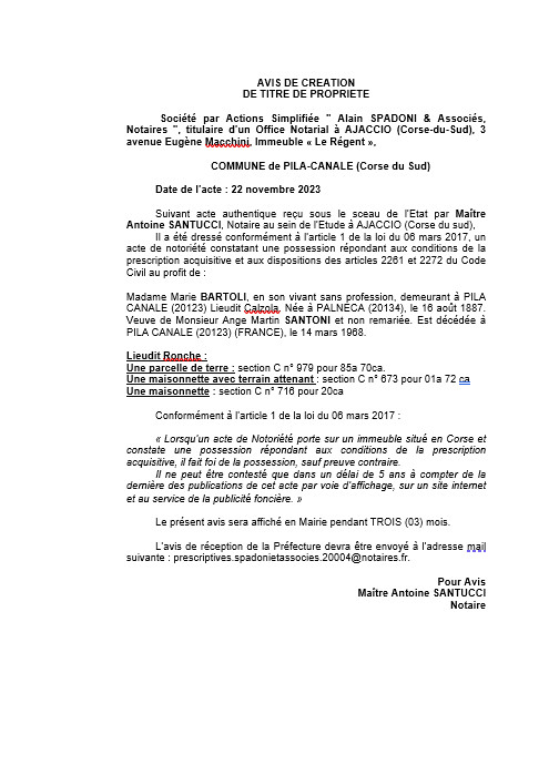 Avis de création de titre de propriété - Commune de Pila è Canali (Pumonti) Avis de création de titre de propriété - Commune de Pila è Canali (Pumonti)