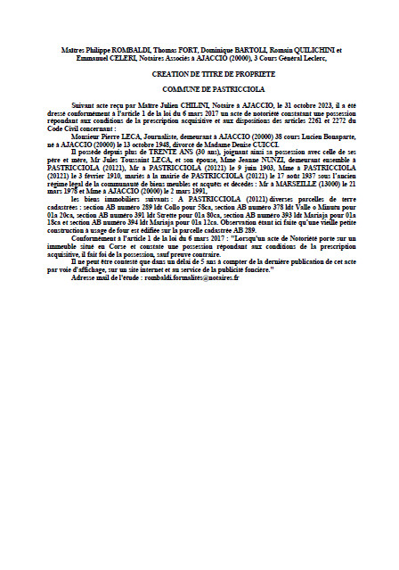 Avis de création de titre de propriété - Commune de  A Pastricciola  (Pumonti) Avis de création de titre de propriété - Commune de  A Pastricciola  (Pumonti)