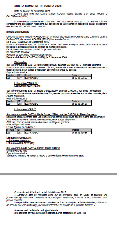 Avis de création de titre de propriété - Commune de Bastia (Cismonte) Avis de création de titre de propriété - Commune de Bastia (Cismonte)