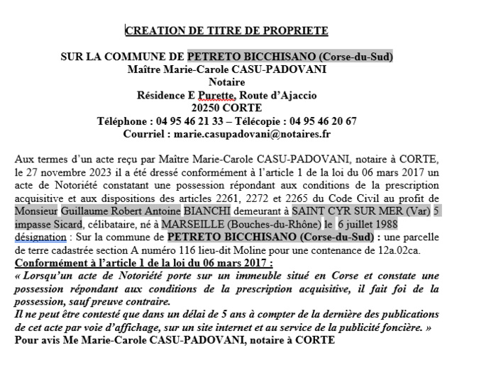 Avis de création de titre de propriété - Commune de Corti (Cismonte)