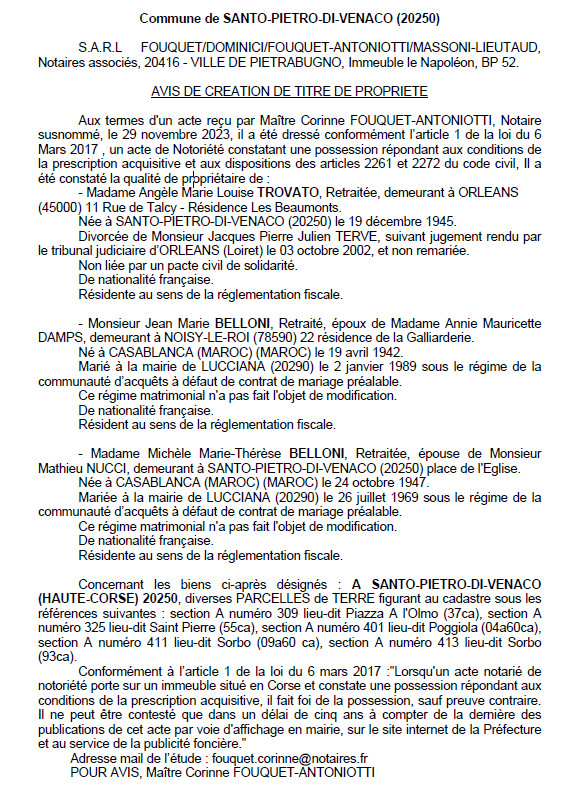 Avis de création de titre de propriété - Commune de Santo Pietro di Venaco (Cismonte) Avis de création de titre de propriété - Commune de Santo Pietro di Venaco (Cismonte)