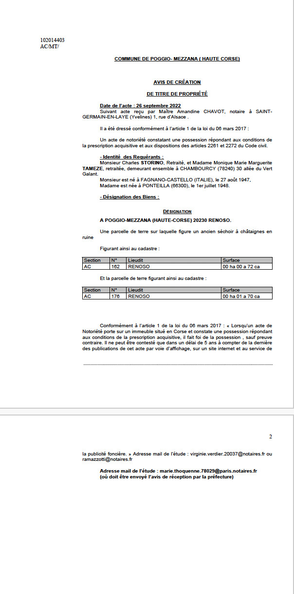 Avis de création de titre de propriété - Commune de Poghju è Mezana (Cismonte)