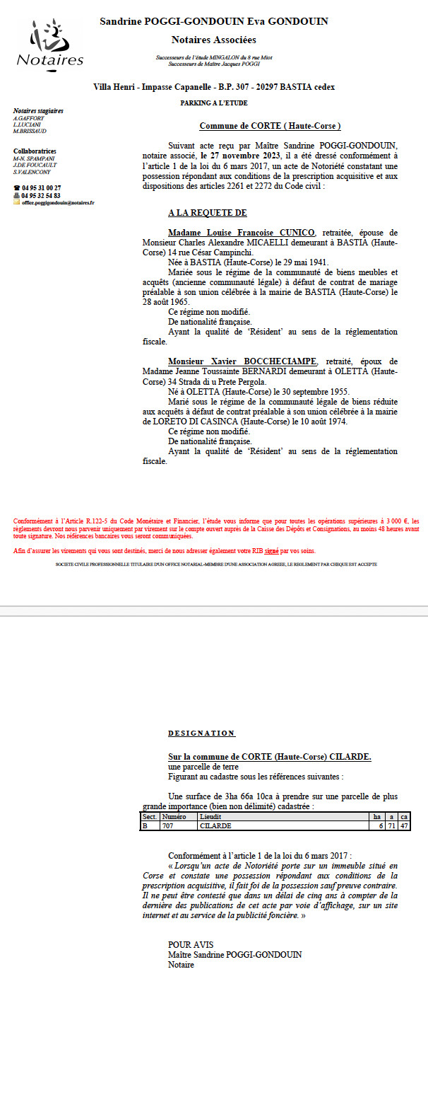 Avis de création de titre de propriété - Commune de Corti  (Cismonte) Avis de création de titre de propriété - Commune de Corti  (Cismonte)