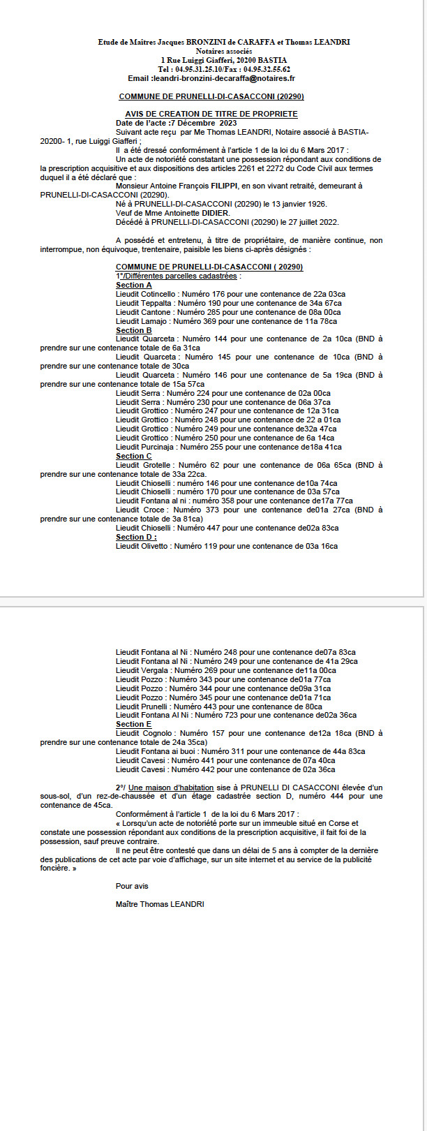 Avis de création de titre de propriété - Commune d' I Prunelli di Casacconi  (Cismonte)