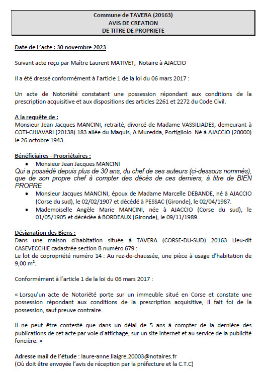 Avis de création de titre de propriété - Commune de Tavera (Cismonte) Avis de création de titre de propriété - Commune de Tavera (Cismonte)