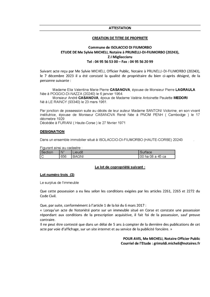 Avis de création de titre de propriété - Commune de l'Isulacciu di Fiumorbu (Cismonte)