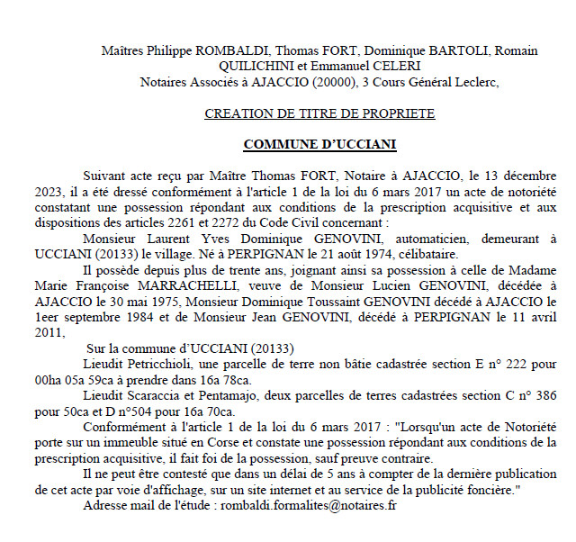 Avis de création de titre de propriété - Commune d'Aucciani (Pumonti)