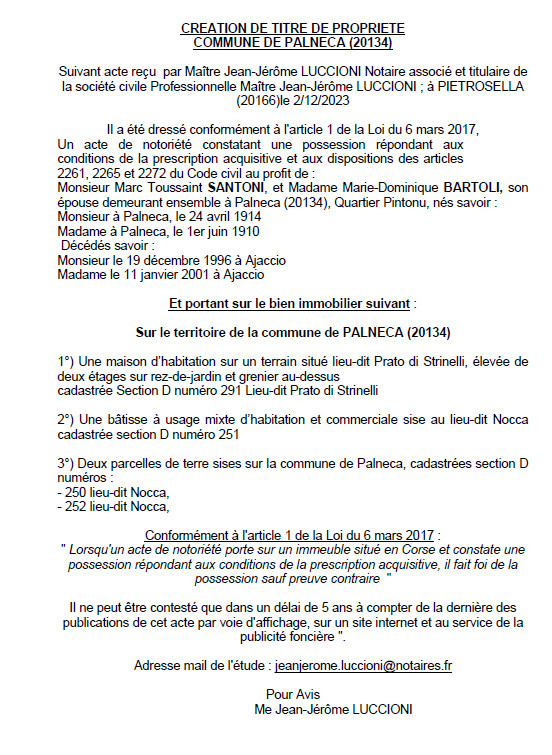 Avis de création de titre de propriété - Commune de Palleca (Pumonti) Avis de création de titre de propriété - Commune de Palleca (Pumonti)