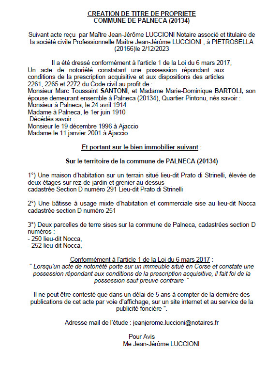 Avis de création de titre de propriété - Commune de Palleca (Pumonti)