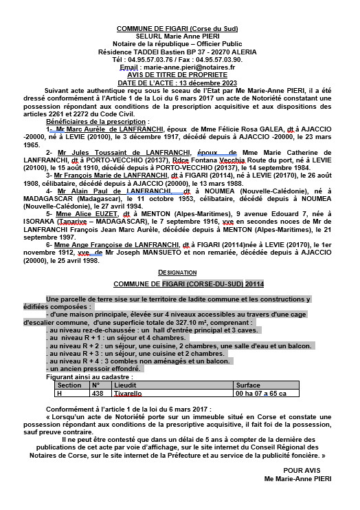 Avis de création de titre de propriété - Commune de Figari (Pumonti)