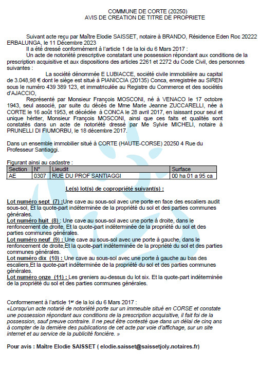 Avis de création de titre de propriété - Commune de Corti (Cismonte)