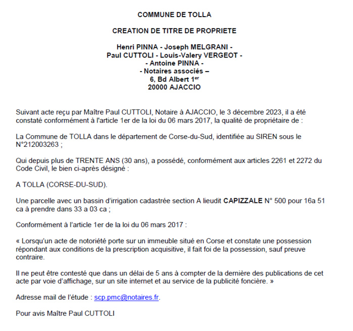 Avis de création de titre de propriété - Commune de Todda (Pumonti)