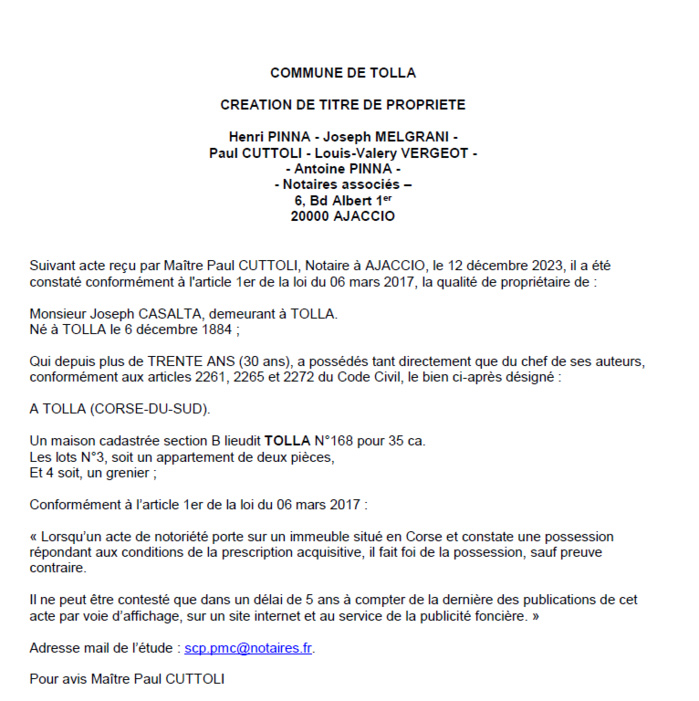 Avis de création de titre de propriété - Commune de Todda (Pumonti)