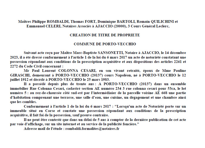 Avis de création de titre de propriété - Commune de Portivechju (Pumonti)