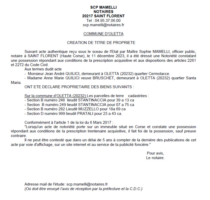 Avis de création de titre de propriété - Commune d'Oletta (Cismonte)