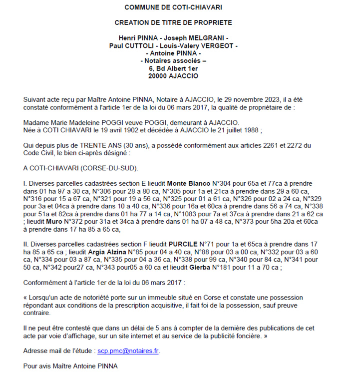 Avis de création de titre de propriété - Commune de Coti Chjavari (Pumonti)