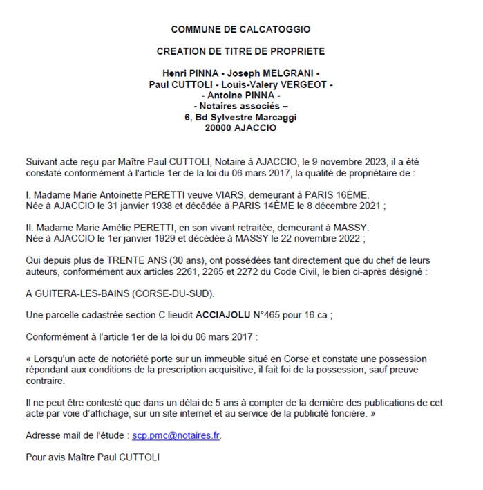 Avis de création de titre de propriété - Commune de Calcatoghju (Pumonti)