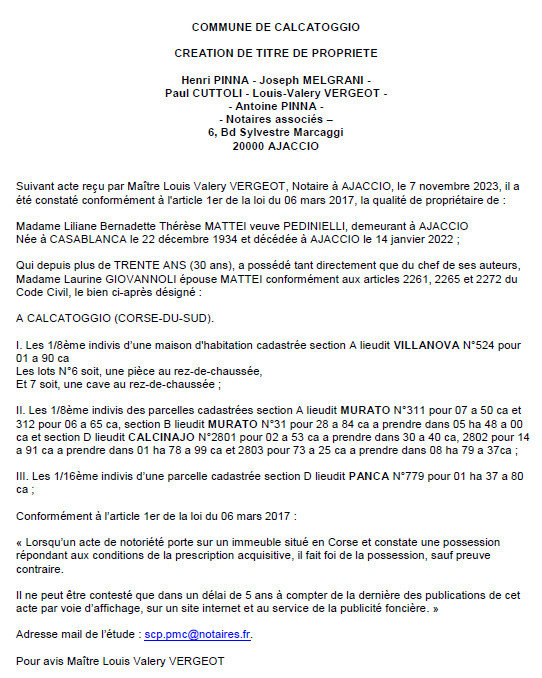 Avis de création de titre de propriété - Commune de Calcatoghju (Pumonti) Avis de création de titre de propriété - Commune de Calcatoghju (Pumonti)