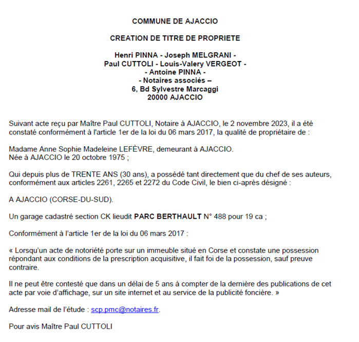 Avis de création de titre de propriété - Commune d'Aiacciu (Pumonti)