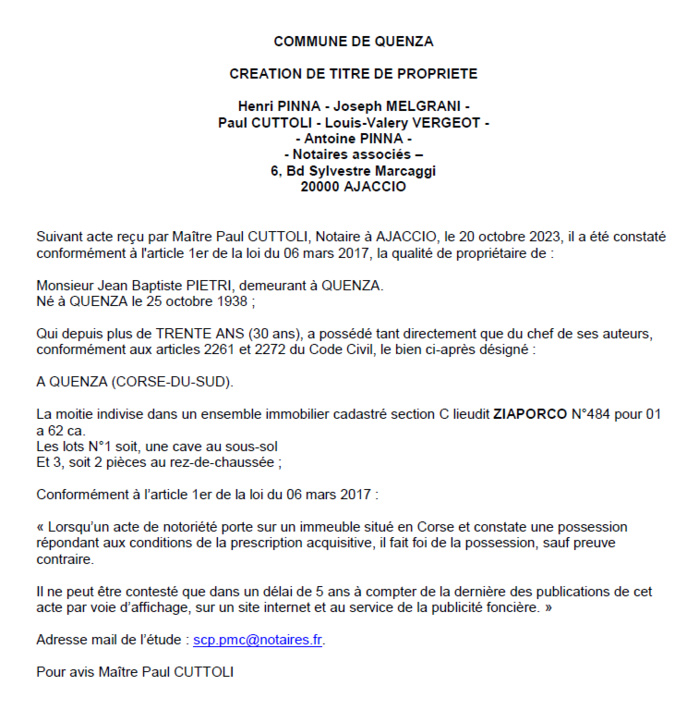 Avis de création de titre de propriété - Commune de Quenza (Pumonti) Avis de création de titre de propriété - Commune de Quenza (Pumonti)