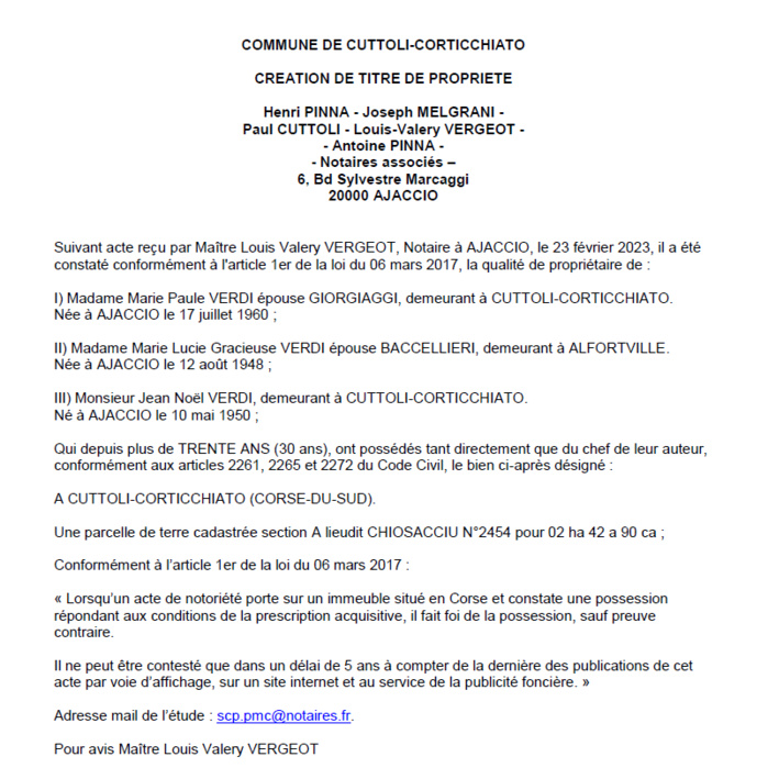 Avis de création de titre de propriété - Commune de Cutuli è Curtichjatu (Pumonti)