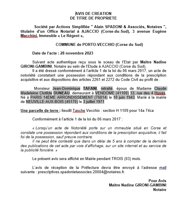 Avis de création de titre de propriété - Commune de Portivechju (Pumonti)