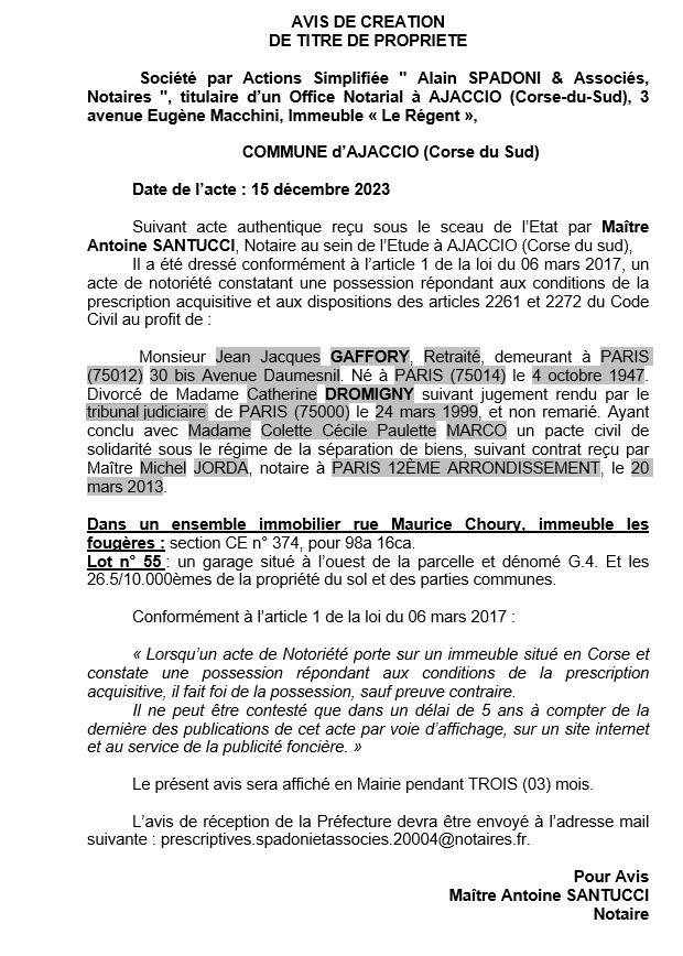 Avis de création de titre de propriété - Commune d'Aiacciu (Pumonti)