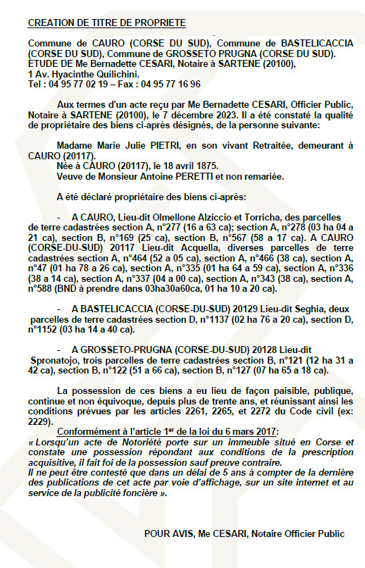 Avis de création de titre de propriété - Commune de Cavru (Pumonti)