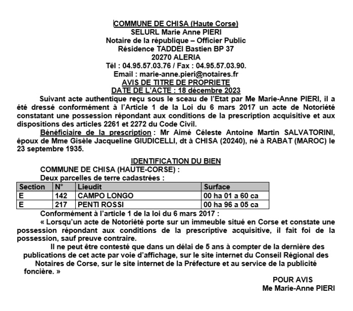 Avis de création de titre de propriété - Commune de Chisà (Cismonte)
