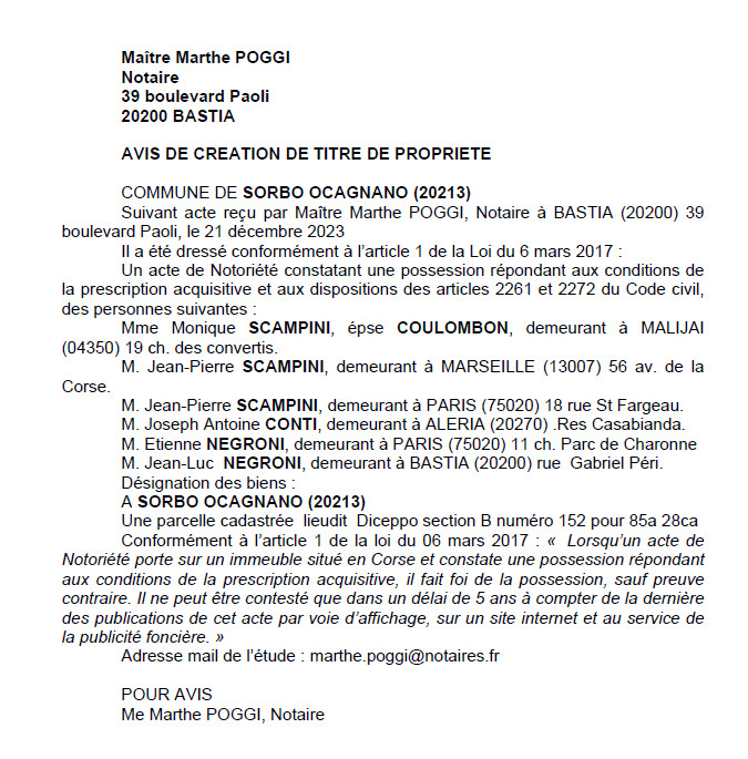 Avis de création de titre de propriété - Commune de Sorbu è Ocagnanu (Cismonte) Avis de création de titre de propriété - Commune de Sorbu è Ocagnanu (Cismonte)