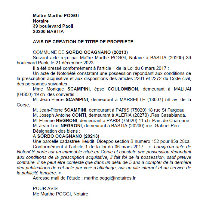 Avis de création de titre de propriété - Commune de Sorbu è Ocagnanu (Cismonte)