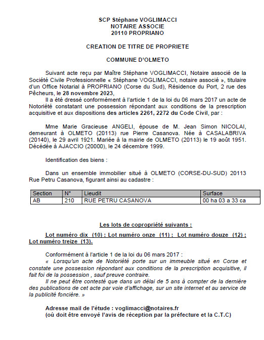 Avis de création de titre de propriété - Commune d'Ulmetu (Pumonti)