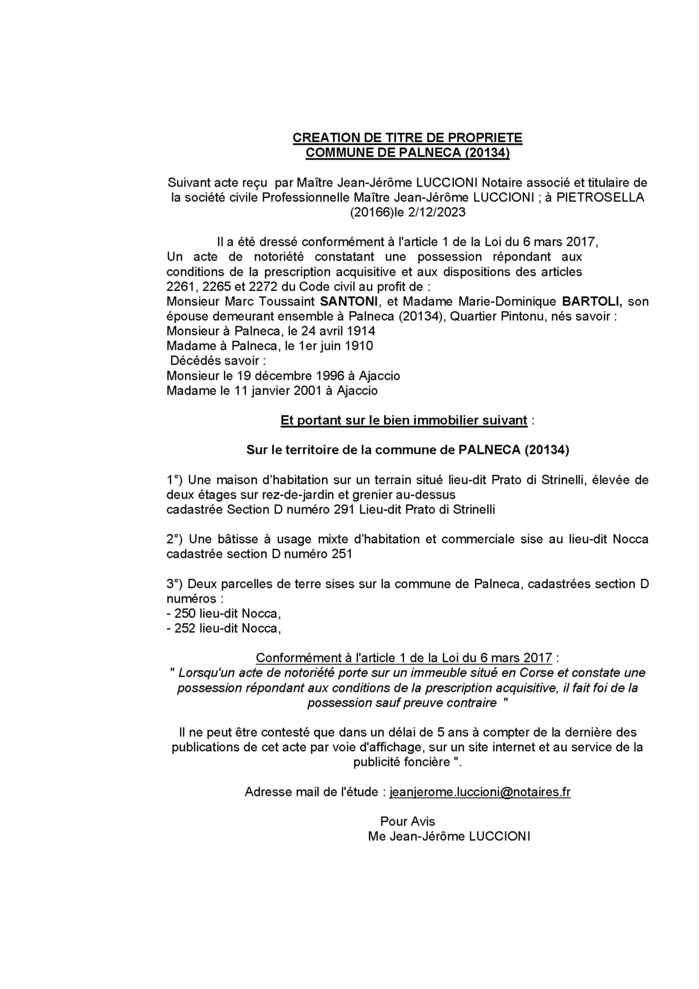 Avis de création de titre de propriété - Commune de Palleca (Pumonti)