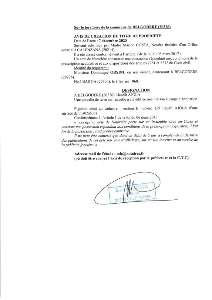 Avis de création de titre de propriété - Commune de Belgudè (Cismonte)