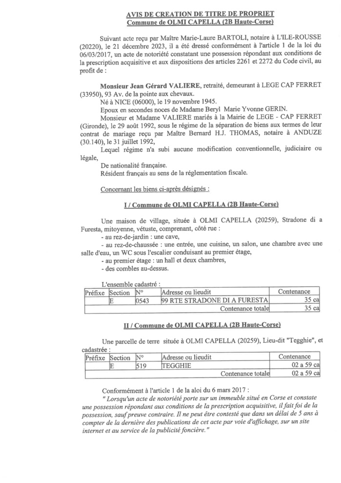 Avis de création de titre de propriété - Commune d'Olmi è Cappella (Cismonte) Avis de création de titre de propriété - Commune d'Olmi è Cappella (Cismonte)