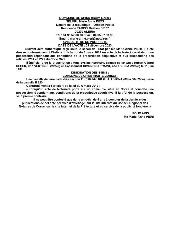Avis de création de titre de propriété - Commune de Chisà (Cismonte)